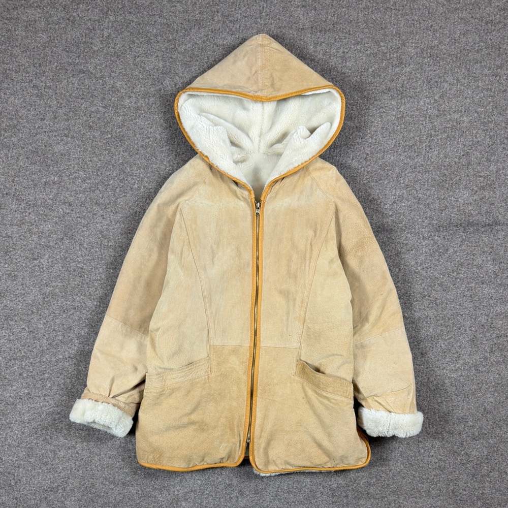 Comint‎ Tan Suede Leather Hooded Zip Jacket Women’s L Faux Fur Lines Reversible